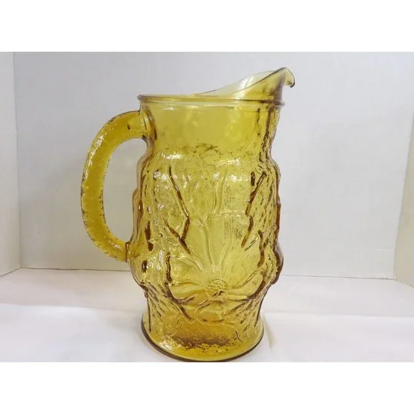 Vtg MCM Anchor Hocking Rain Flower Amber Glass Crinkle Pitcher Retro 10” 72 Oz - Picture 5 of 8